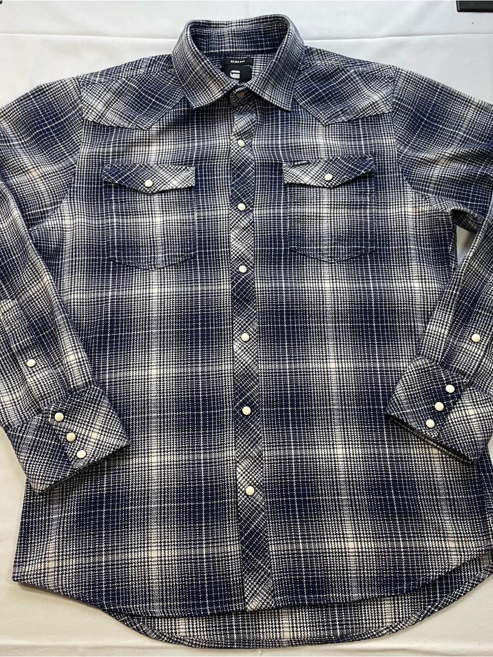 G-Star RAW Mens XL Slim Fit Western Pearl Snap Plaid Flannel Shirt Navy Blue